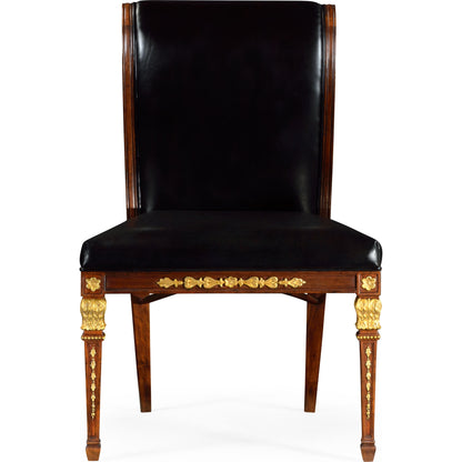 Icarus Empire Angel Wing Side Chair, Upholstered Antique Caviar Black Leather by Jonathan Charles in brown and medium walnut. Made from acacia in a eclectic & global style.