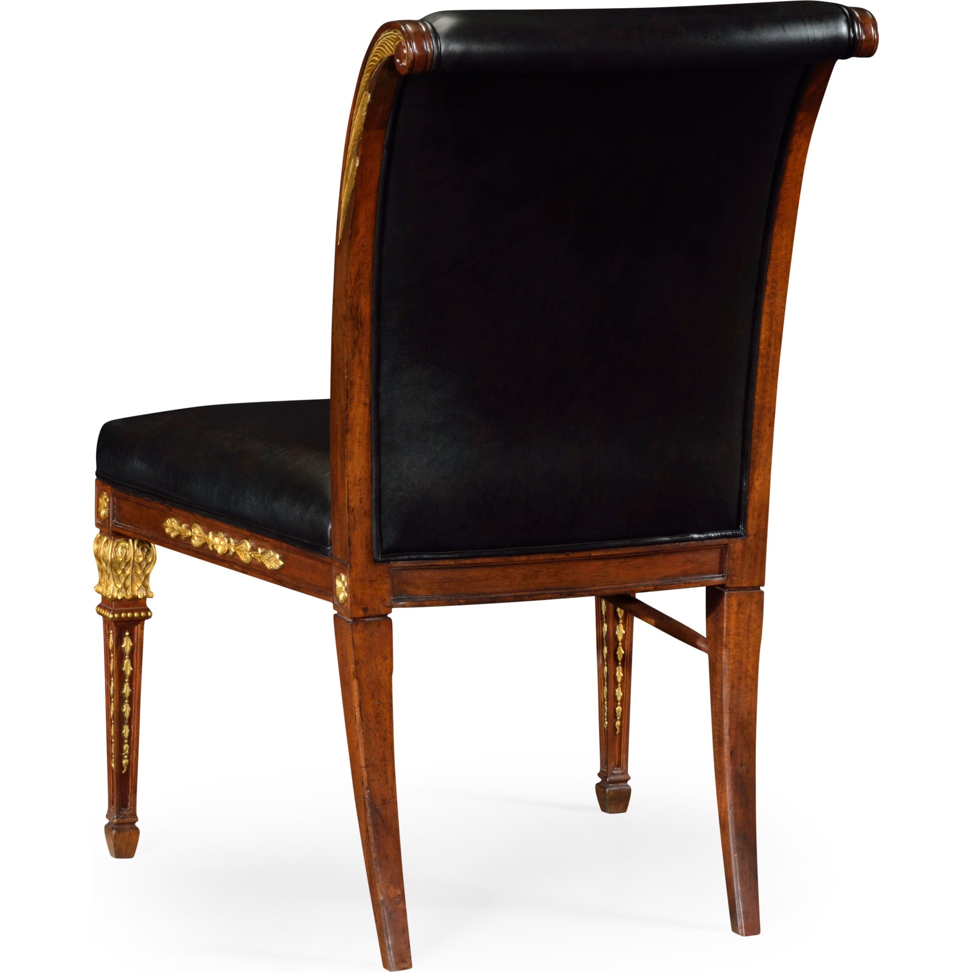 Icarus Empire Angel Wing Side Chair, Upholstered Antique Caviar Black Leather by Jonathan Charles in brown and medium walnut. Made from acacia in a eclectic & global style.