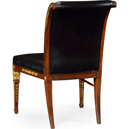 Icarus Empire Angel Wing Side Chair, Upholstered Antique Caviar Black Leather by Jonathan Charles in brown and medium walnut. Made from acacia in a eclectic & global style.