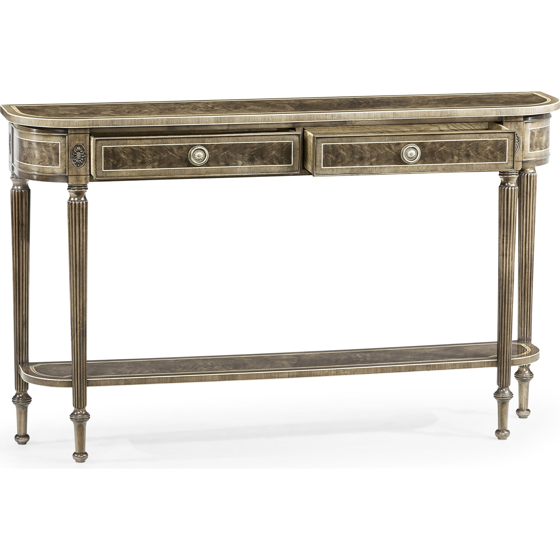 Buckingham Classic Regency Style Bleached Mahogany Console Table by Jonathan Charles in brown and bleached mahogany. Made from acacia in a traditional style.