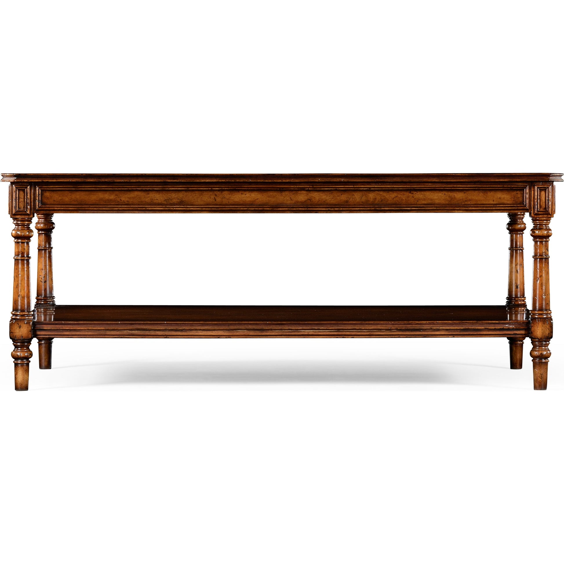 Casual Accents Victorian Style Walnut Cocktail Table by Jonathan Charles in medium walnut. Made from acacia in a traditional style.