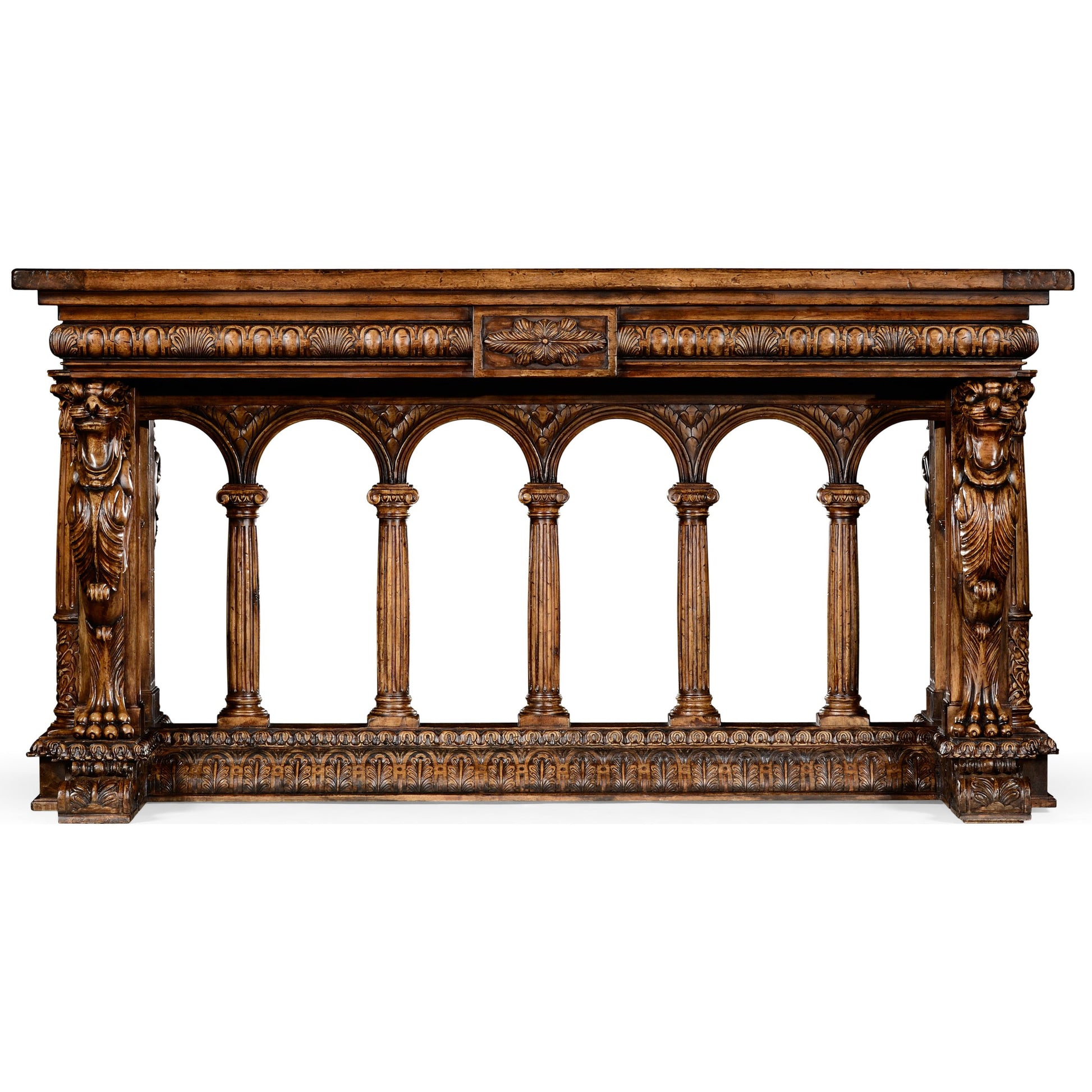 Windsor French Renaissance Style Library Table by Jonathan Charles in brown and medium antique walnut. Made from acacia in a traditional style.