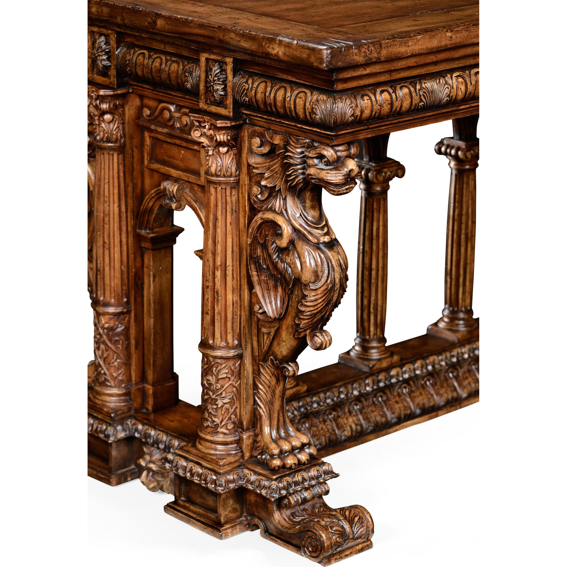 Windsor French Renaissance Style Library Table by Jonathan Charles in brown and medium antique walnut. Made from acacia in a traditional style.