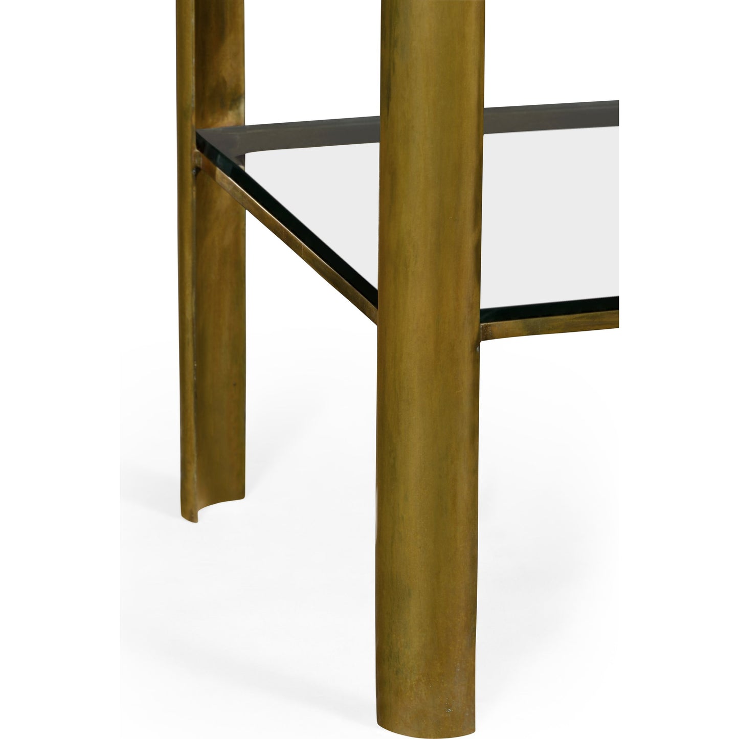 005 SR-846428 | Closeup | Cosmo Brass & Glass End Table by Jonathan Charles in gold and light antique brass. Made from brass in a transitional style.
