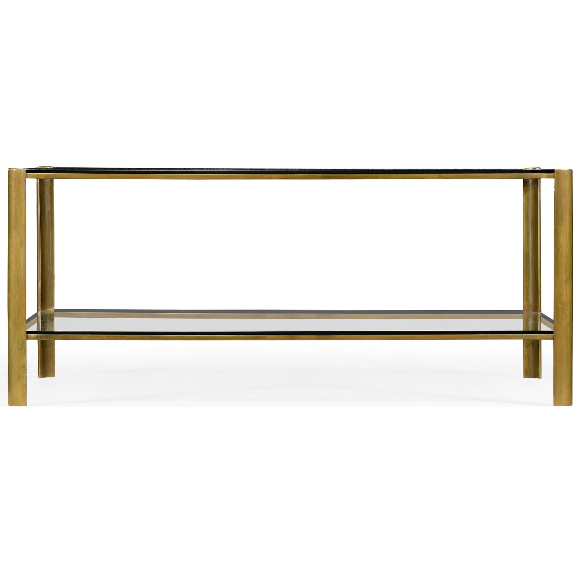 Cosmo Brass & Glass Coffee Table by Jonathan Charles in light antique brass. Made from brass in a transitional style.