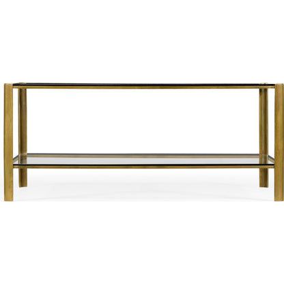 Cosmo Brass & Glass Coffee Table by Jonathan Charles in light antique brass. Made from brass in a transitional style.