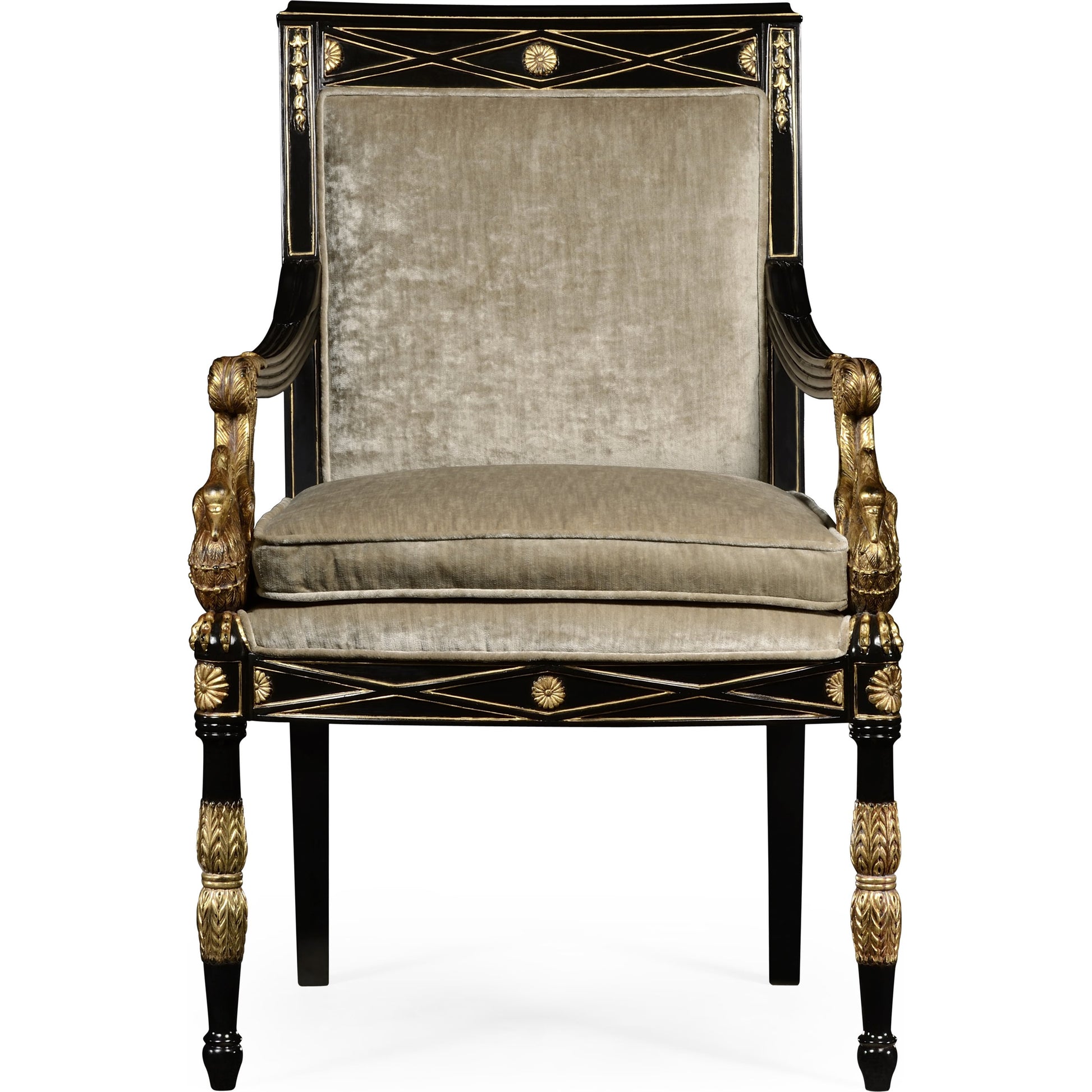 Tribeca Swan Arm Chair by Jonathan Charles in black and painted formal black. Made from acacia in a traditional style.