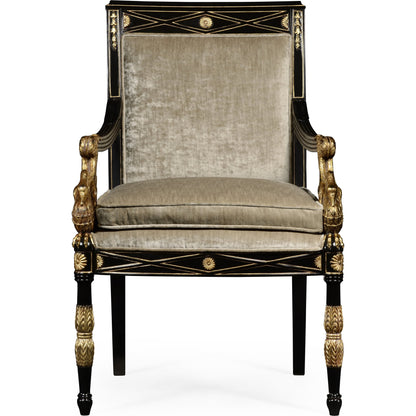 Tribeca Swan Arm Chair by Jonathan Charles in black and painted formal black. Made from acacia in a traditional style.