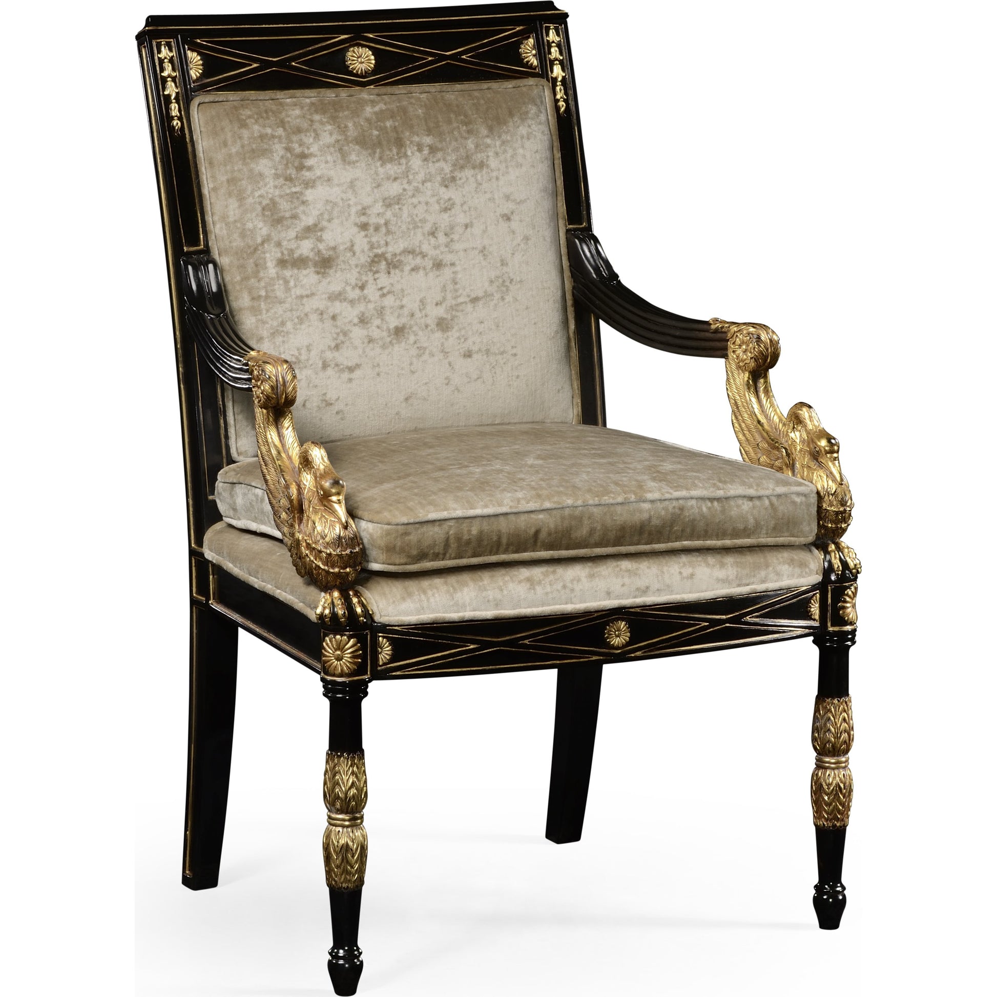 Tribeca Swan Arm Chair by Jonathan Charles in black and painted formal black. Made from acacia in a traditional style.