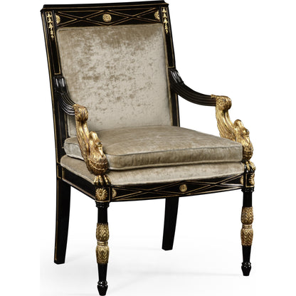 Tribeca Swan Arm Chair by Jonathan Charles in black and painted formal black. Made from acacia in a traditional style.