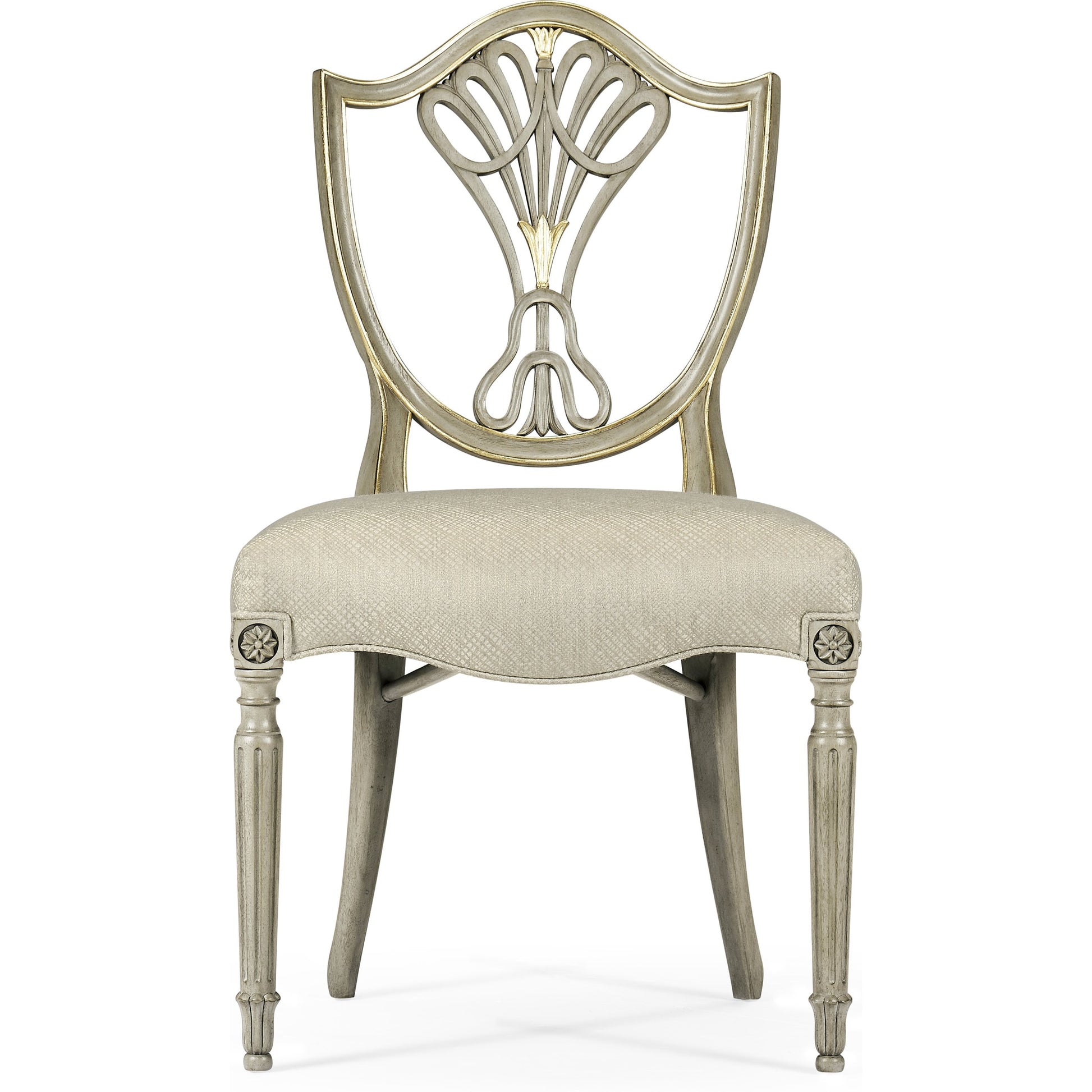 Buckingham Sheraton Grey & Gilded Dining Side Chair by Jonathan Charles in brown and buckingham gray. Made from acacia in a traditional style.