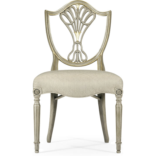001 SR-846124 | Additional Silo | Buckingham Sheraton Grey & Gilded Dining Side Chair by Jonathan Charles in brown and buckingham gray. Made from acacia in a traditional style.
