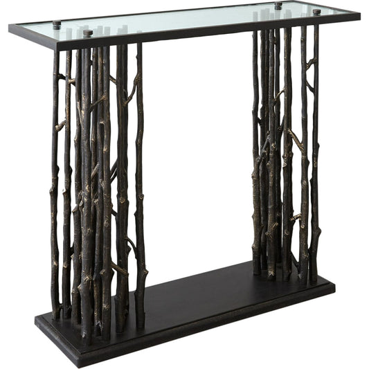 Grove Console by Global Views in bronze. Made from cast iron, iron, granite, 19mm thick glass in a eclectic & global style.