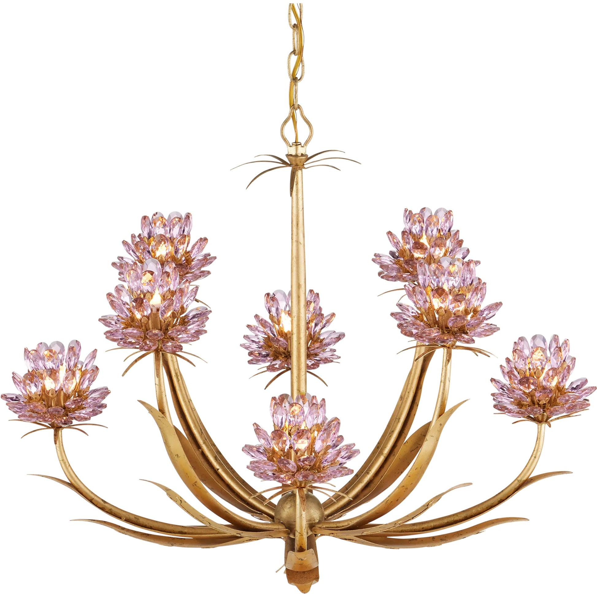 Marilee Chandelier by Currey and Company in pink, dutch gold leaf. Made from crystal, wrought iron in a eclectic & global style.