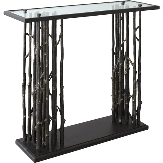 Grove Console by Global Views in bronze. Made from cast iron, iron, granite, 19mm thick glass in a eclectic & global style.