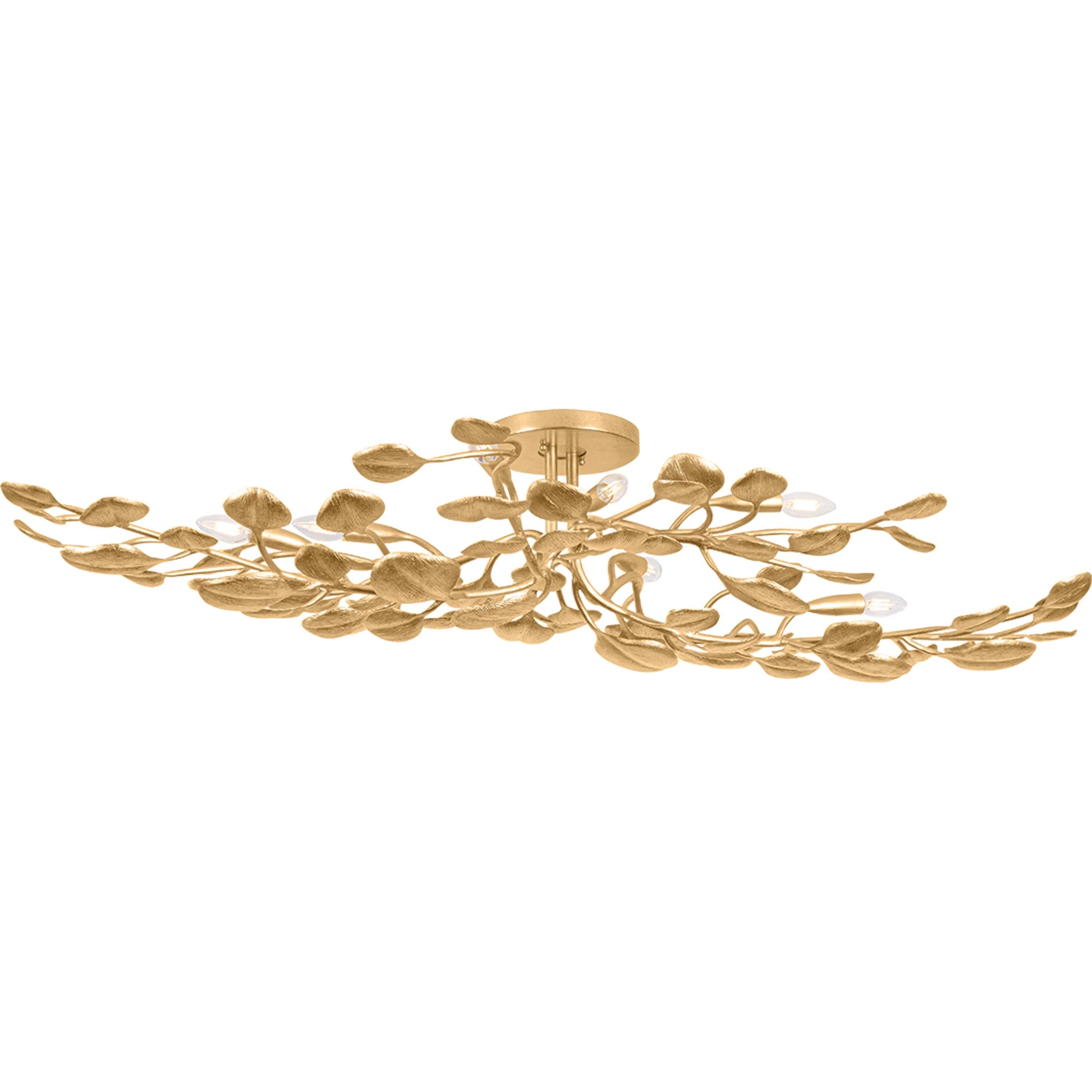 Menorca Semi Flush by Corbett in vintage gold leaf. Made from iron in a modern style.