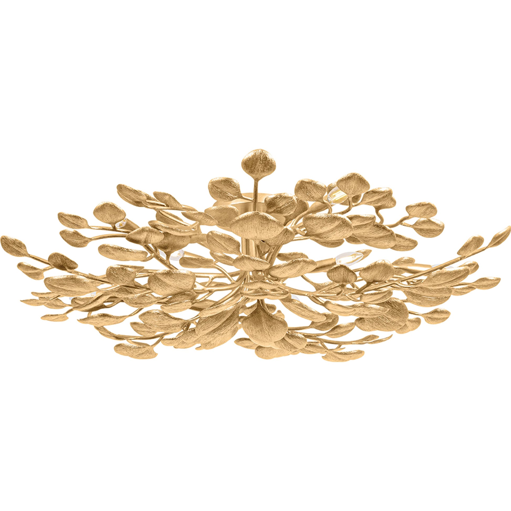 Menorca Semi Flush by Corbett in vintage gold leaf. Made from iron in a modern style.