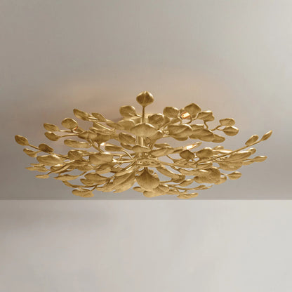 Menorca Semi Flush by Corbett in vintage gold leaf. Made from iron in a modern style.