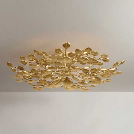 Menorca Semi Flush by Corbett in vintage gold leaf. Made from iron in a modern style.