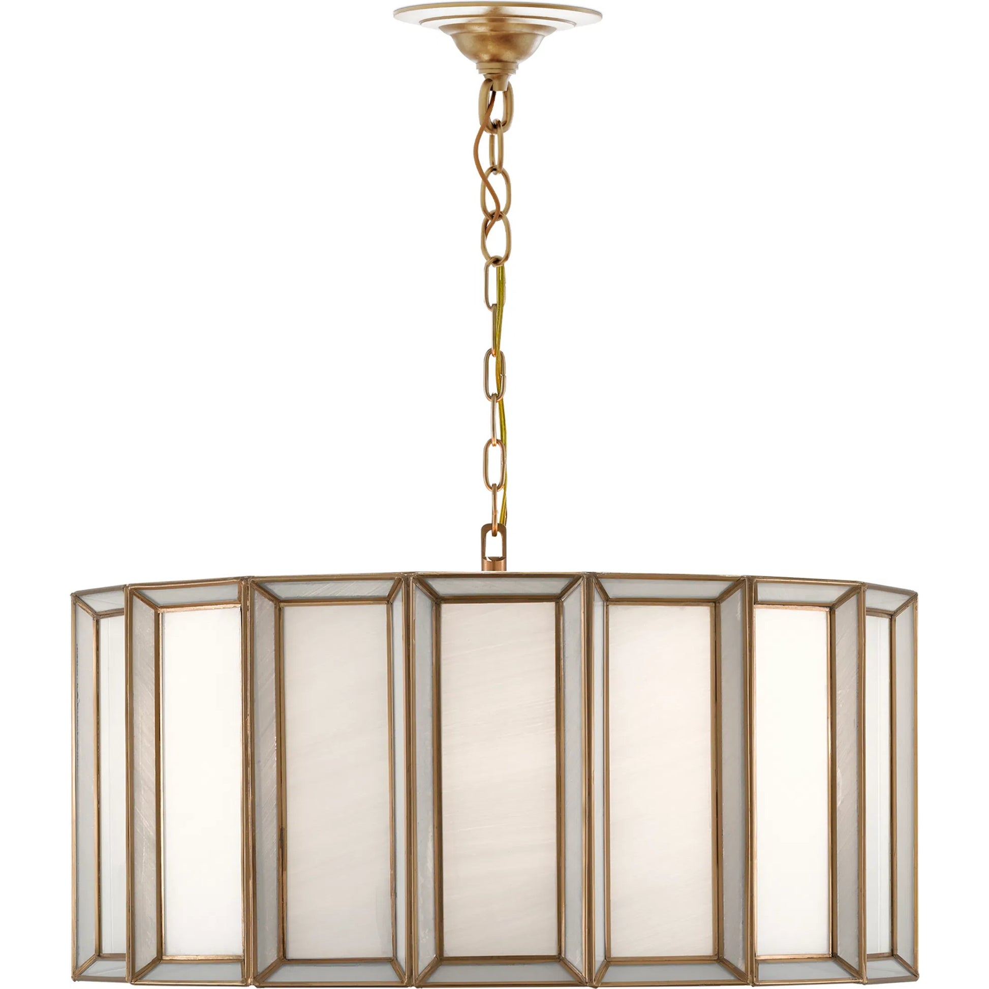 Daze Pendant by Currey and Company in antique brass, white. Made from brass, iron, milk glass in a modern style.