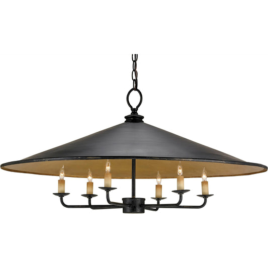Brussels Pendant by Currey and Company in french black, contemporary gold. Made from wrought iron in a modern style.