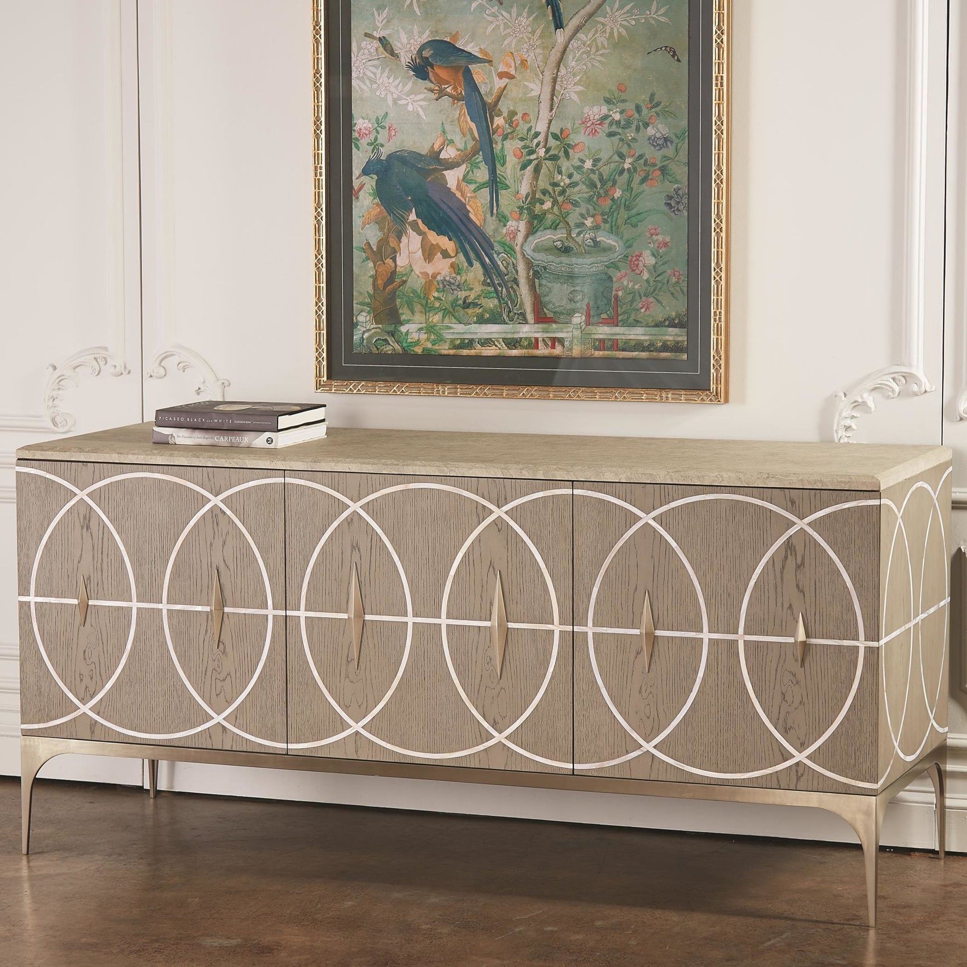 Holborn Collection Cabinet by Global Views in gray, oak. Made from oak, stainless steel, mother of pearl in a transitional style.