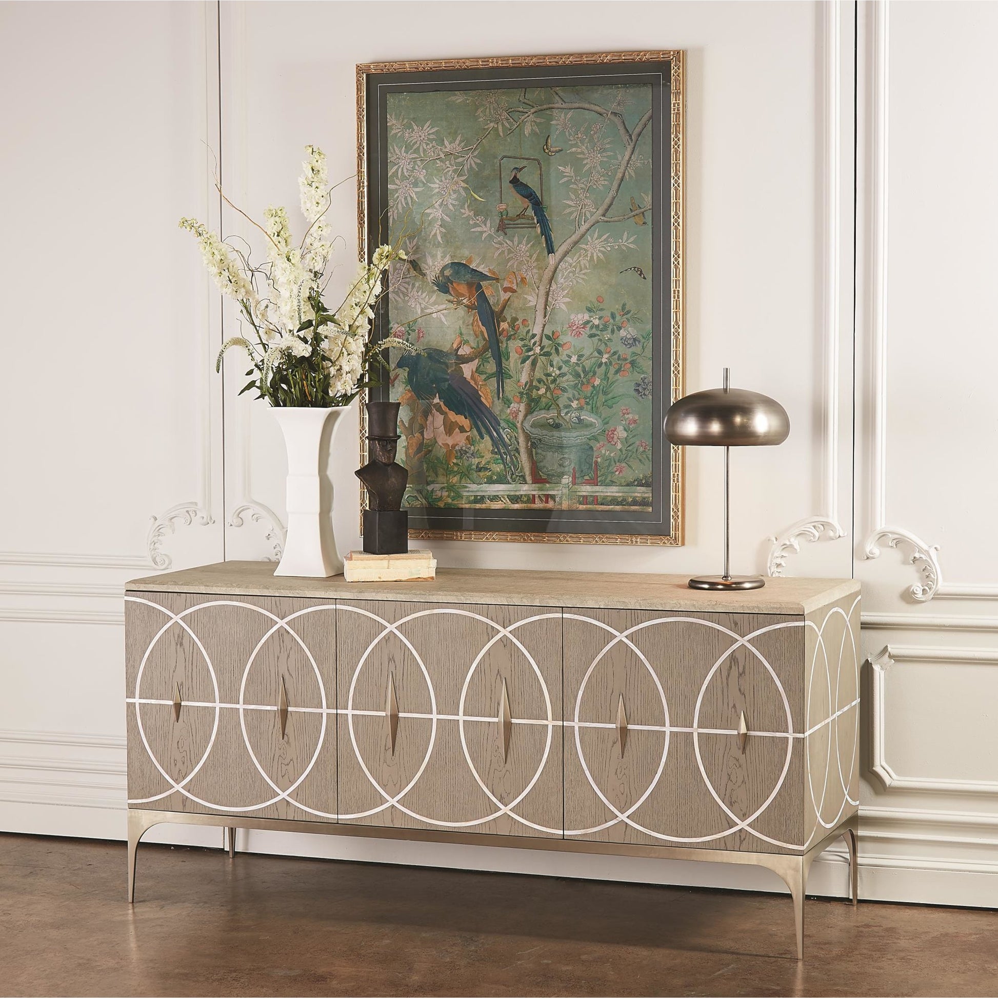 Holborn Collection Cabinet by Global Views in gray, oak. Made from oak, stainless steel, mother of pearl in a transitional style.