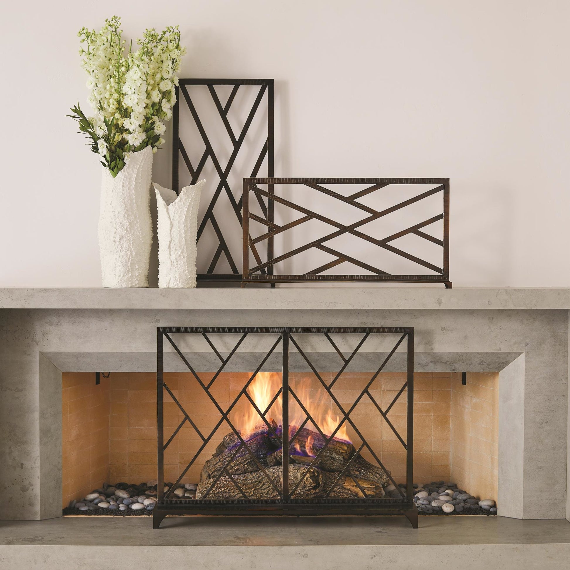 Chinoise Fret Fireplace Screen by Global Views. Made from iron in a transitional style.