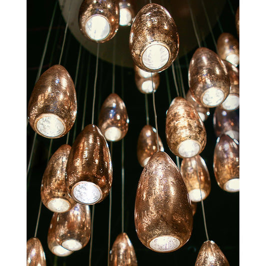 Rame Round 15-LIGHT Multi-Drop Pendant by Currey and Company in copper, silver. Made from antique copper, glass in a transitional style.