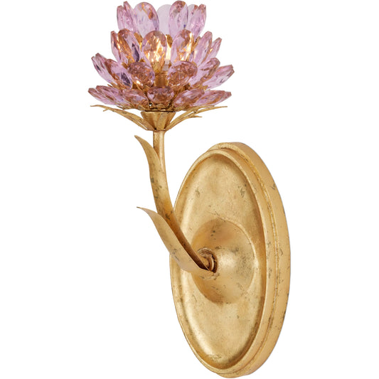 Marilee Single-Light Wall Sconce by Currey and Company in pink, dutch gold leaf. Made from crystal, wrought iron in a unique style.