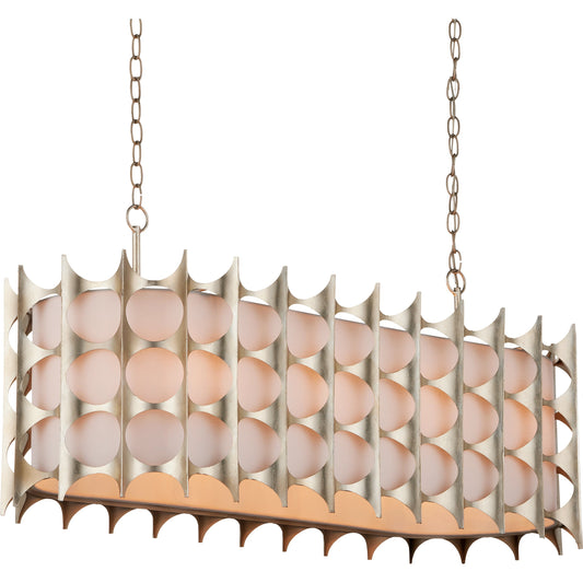 Bardi Oval Chandelier by Currey and Company in contemporary silver leaf. Made from wrought iron in a modern style.