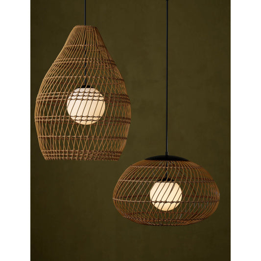 Carriage Outdoor Pendant by Currey and Company in natural, black, frosted white. Made from all-weather wicker, metal, glass in a unique style.