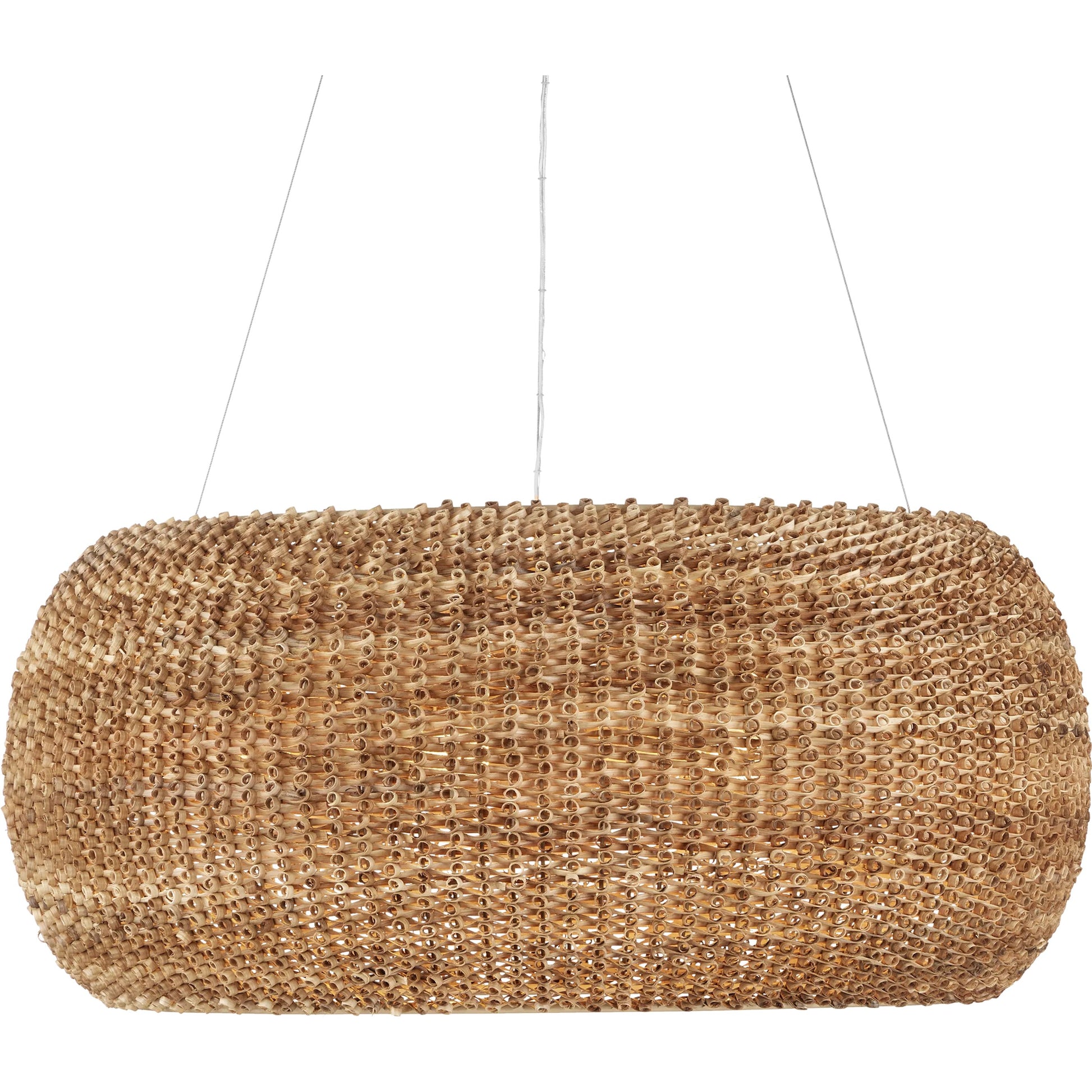 Boucle Chandelier by Currey and Company in natural, beige. Made from rattan, wrought iron in a rustic style.