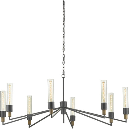 Delgado Chandelier by Currey and Company in antique black, reclaimed wood. Made from wrought iron, wood, recycled glass in a modern style.