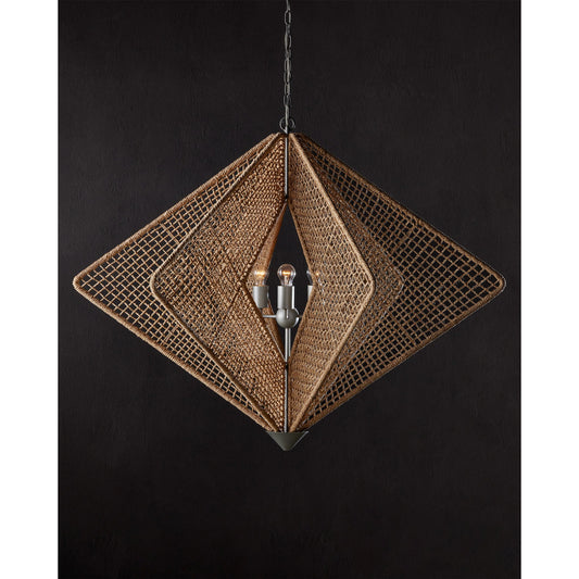 Shizen Chandelier by Currey and Company in natural rope, hiroshi gray. Made from abaca rope, wrought iron in a coastal style.
