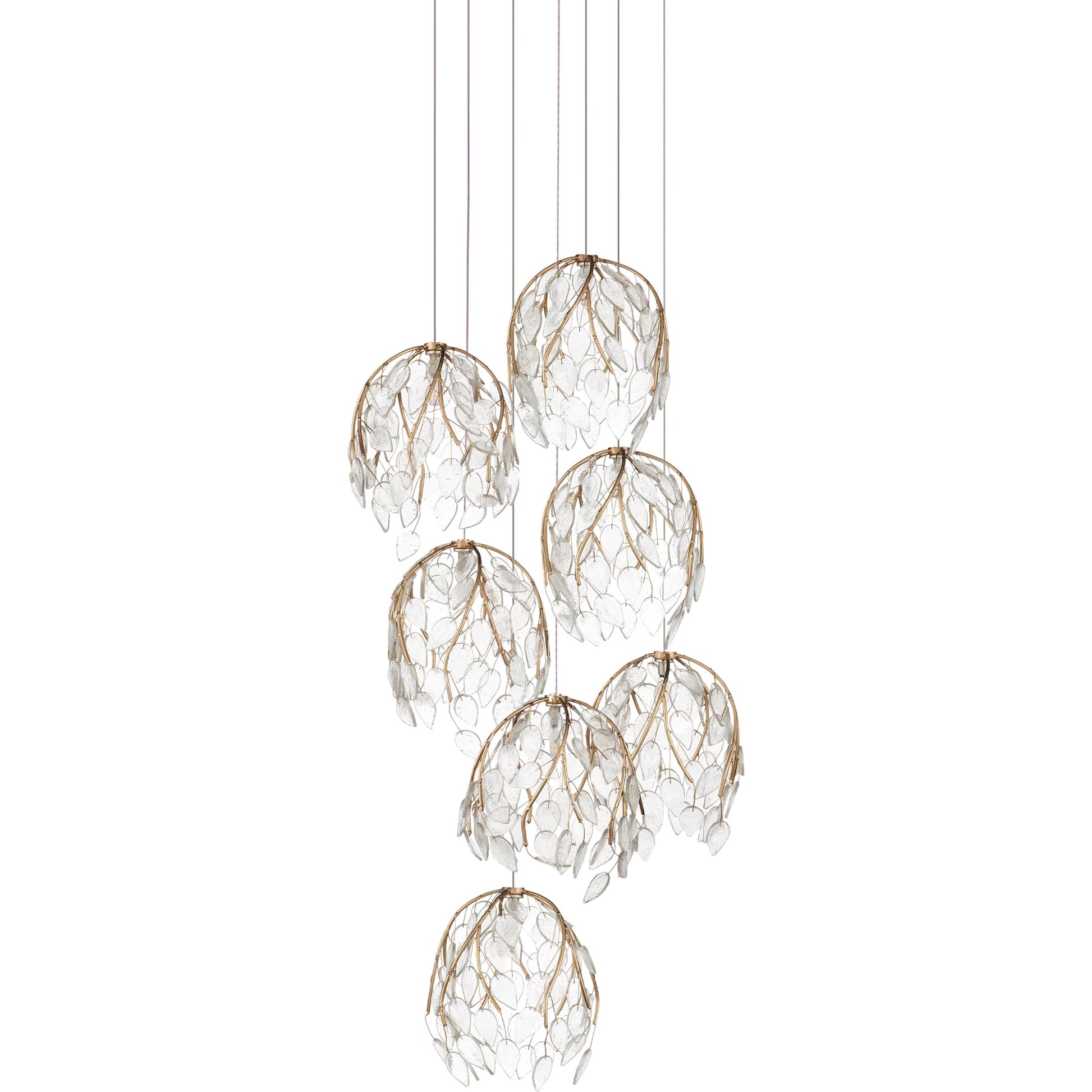 Banyan 7-Light Multi-Drop Pendant by Currey and Company in antique brass, clear, silver. Made from metal, glass in a modern style.
