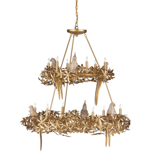 Aviary Two-Tier Chandelier by Currey and Company in swedish gold. Made from wrought iron, composite in a unique style.