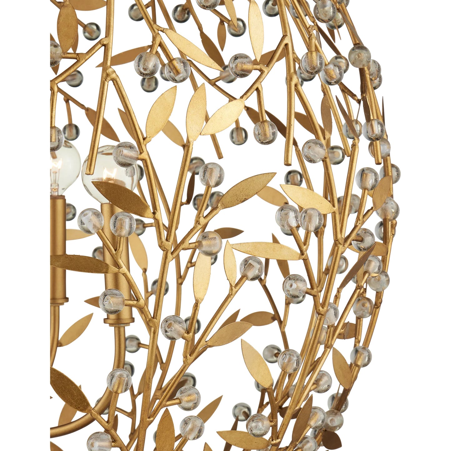003 SI-2387147 | Closeup | Secret Garden Orb Chandelier by Currey and Company in clear, contemporary gold leaf, contemporary gold. Made from crystal, wrought iron in a modern style.
