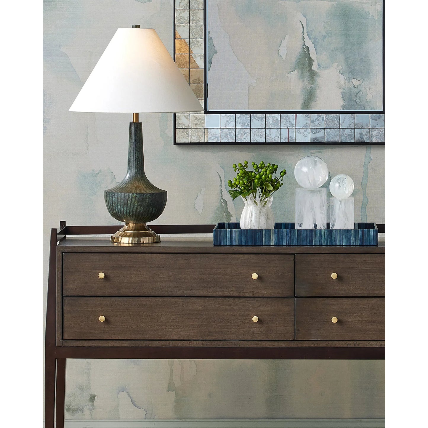 008 SI-2524464 | Lifestyle | Winter Harvest Tray Set by Currey and Company in blue. Made from straw, glass, engineered wood in a modern style.