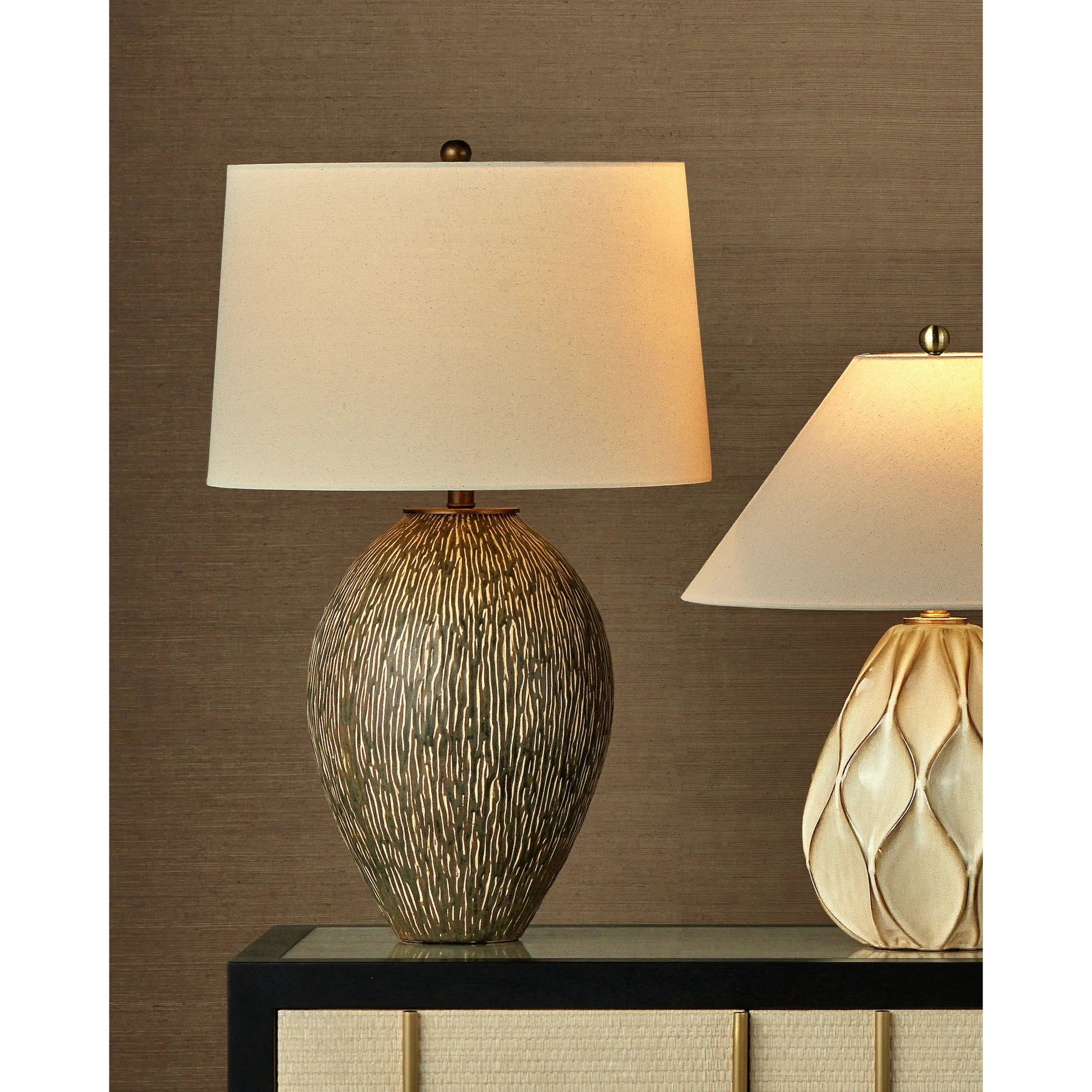 Hildreth Table Lamp by Currey and Company in olive green, beige, off-white, antique brass. Made from porcelain, metal in a modern style.