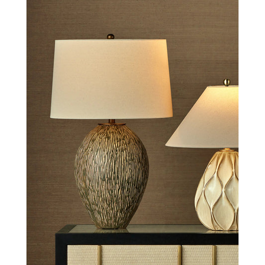 Hildreth Table Lamp by Currey and Company in olive green, beige, off-white, antique brass. Made from porcelain, metal in a modern style.