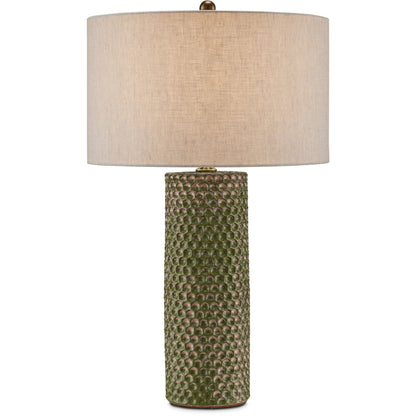 Polka Dot Table Lamp by Currey and Company in reactive blue, polished brass. Made from ceramic in a modern style.