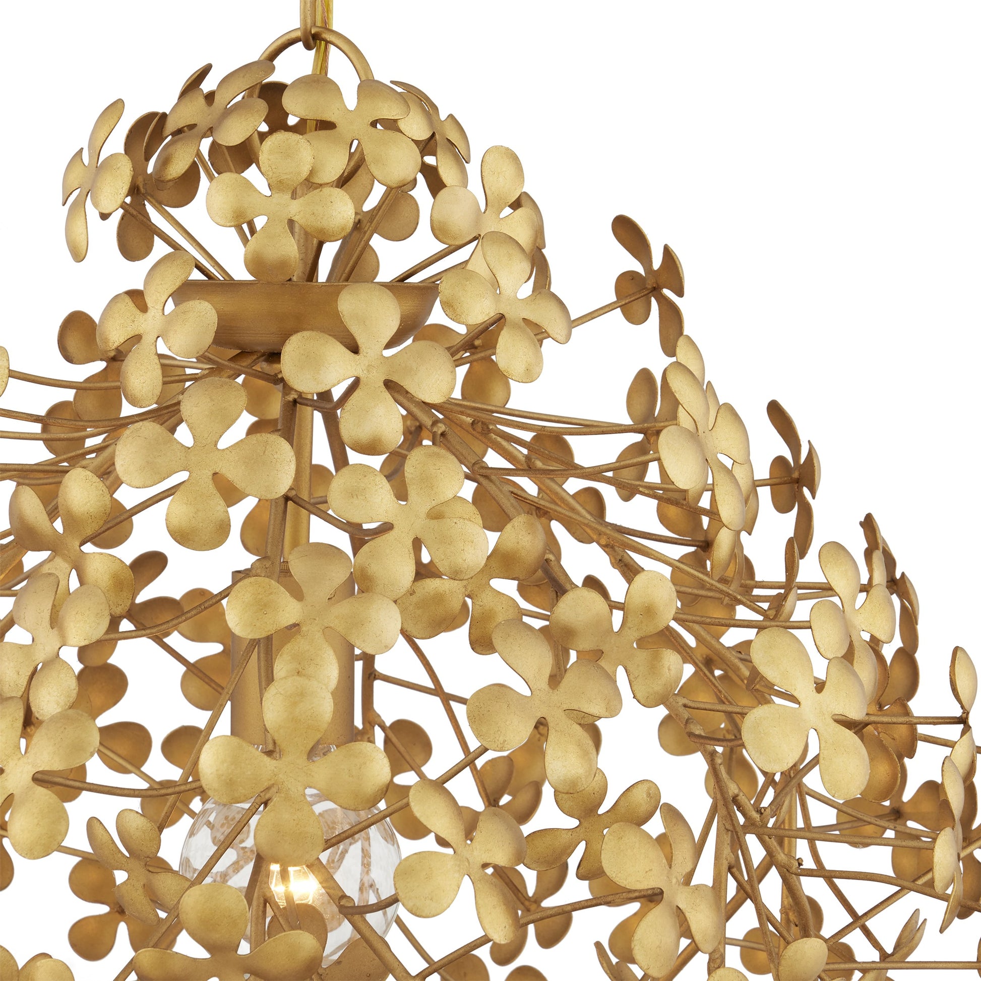 Cloverfield Pendant by Currey and Company in contemporary gold leaf. Made from wrought iron in a modern style.
