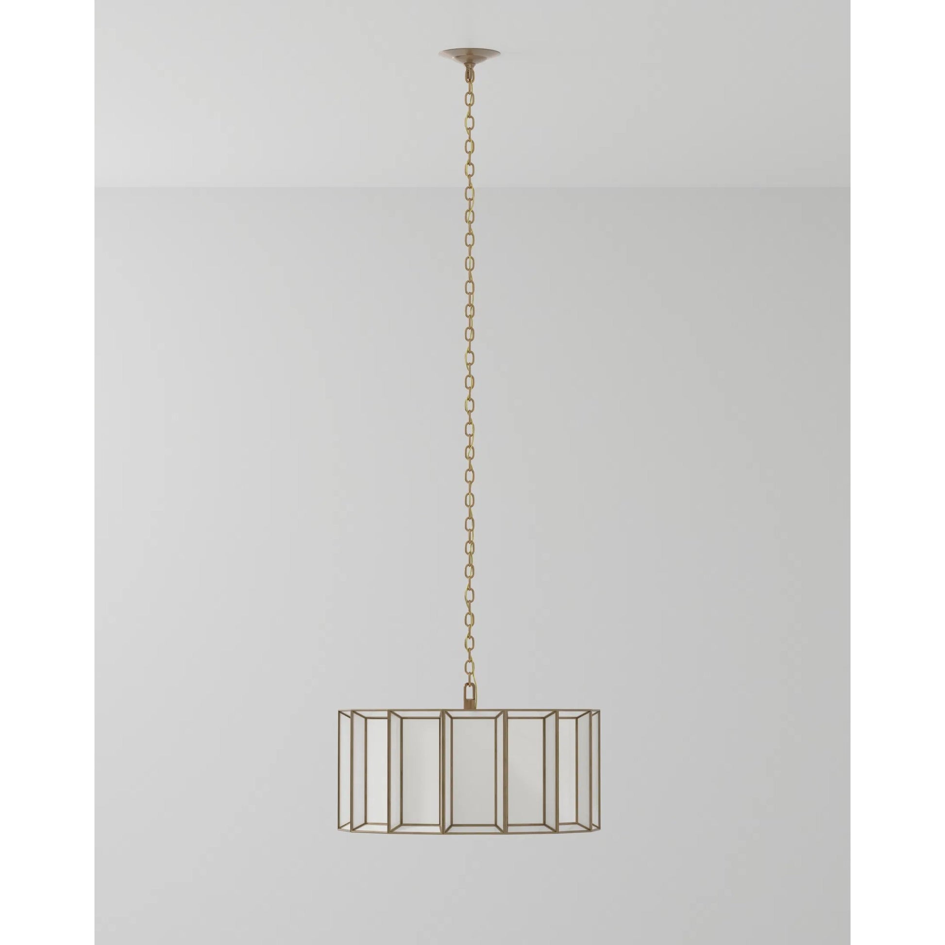 Daze Pendant by Currey and Company in antique brass, white. Made from brass, iron, milk glass in a modern style.