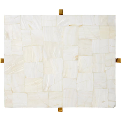 Casey Mother of Pearl Accent Table by Currey and Company in natural, brass. Made from mother of pearl, stainless steel, engineered wood in a modern style.