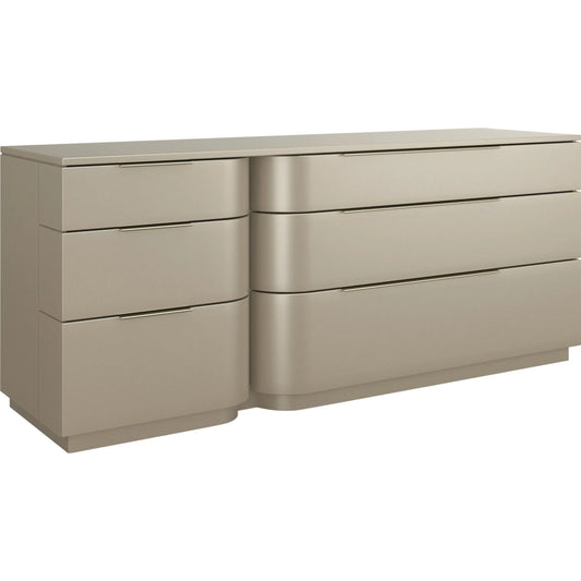 Oblique Dresser by Caracole in soft silver paint gloss, brushed whisper of gold. Made from unique in a unique style.