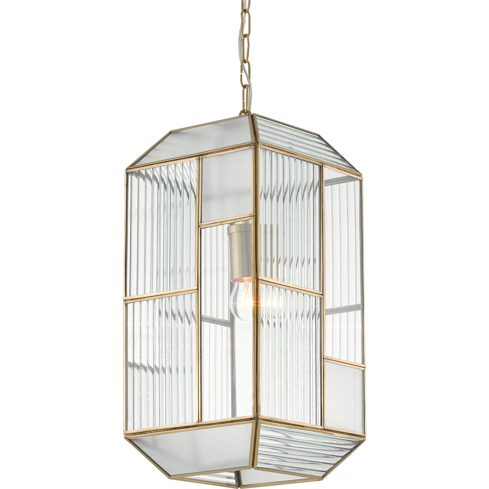 Bardolph Pendant by Currey and Company in antique brass. Made from iron, glass in a transitional style.