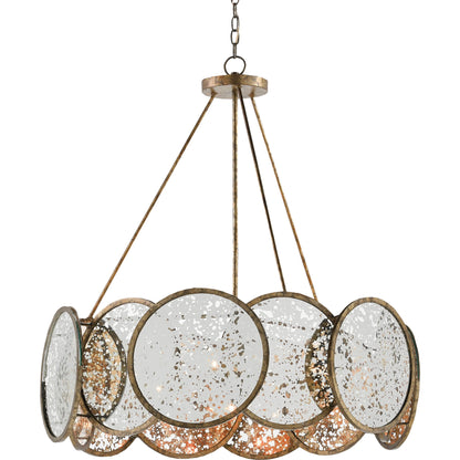 Oliveri Chandelier by Currey and Company in pyrite bronze, raj mirror. Made from wrought iron, glass in a modern style.