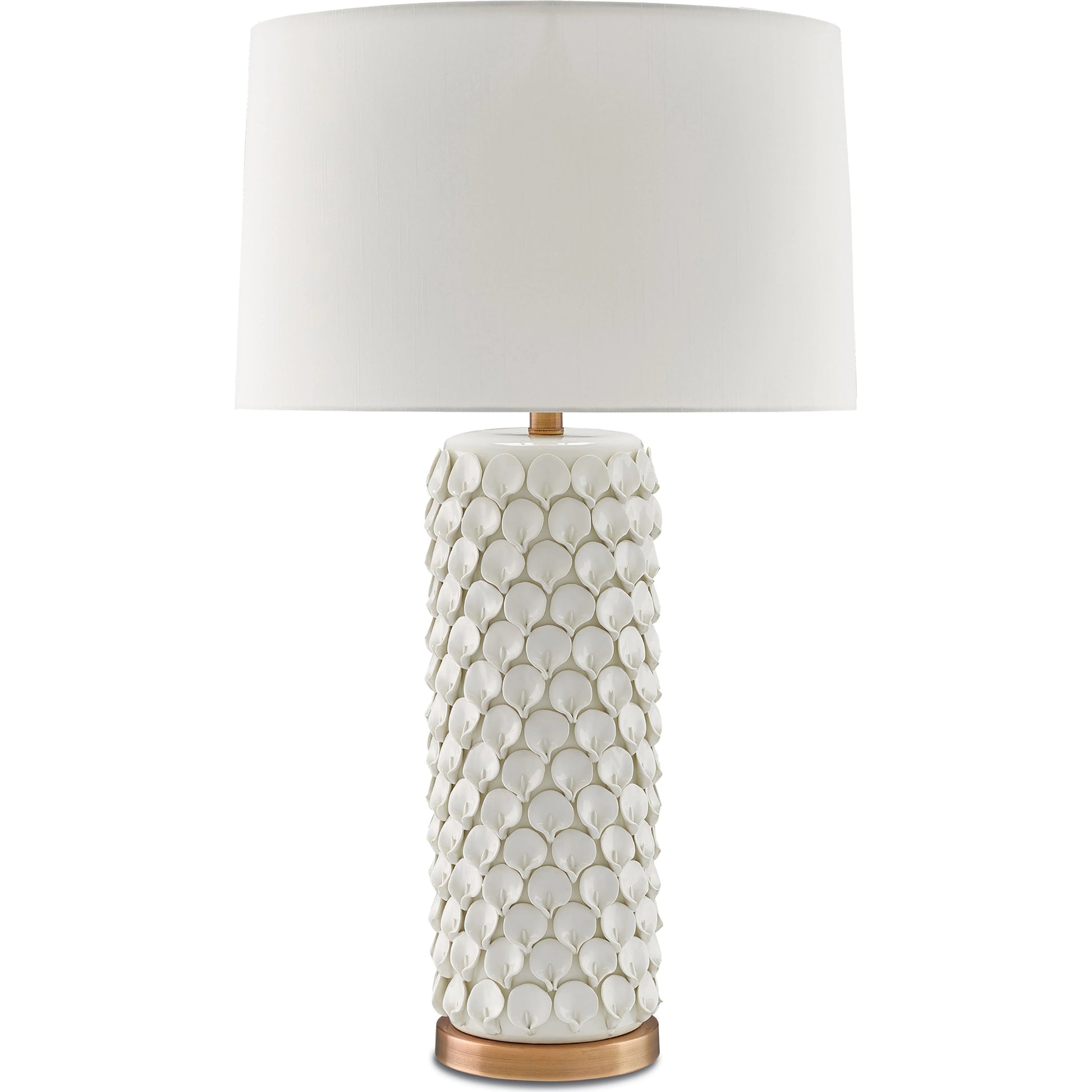 Calla Lily Table Lamp by Currey and Company in cream, antique brass. Made from ceramic, metal in a coastal style.
