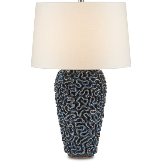 Milos Table Lamp by Currey and Company in blue. Made from ceramic in a coastal style.